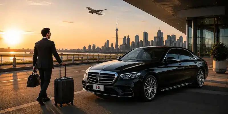 Luxury sedan with the official Lavish Ride logo waiting at the airport terminal as a traveler arrives with luggage under a sunset skyline.